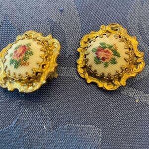Vintage Artisan Earrings, Petit Point Stitching, Floral Design, Clip On Earrings